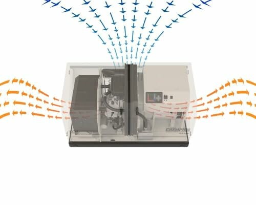 Diagram showing airflow through a machine with blue and orange arrows.