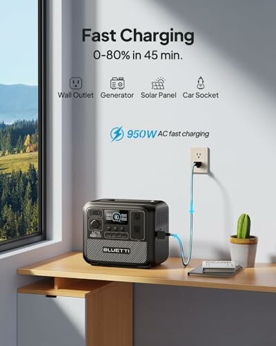 Portable power station on a table with fast charging features.