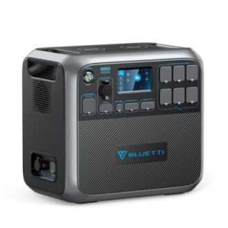 Bluetti portable power station with digital display and multiple outlets.