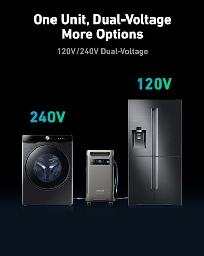 Home appliances with dual-voltage options: washing machine, power unit, refrigerator.
