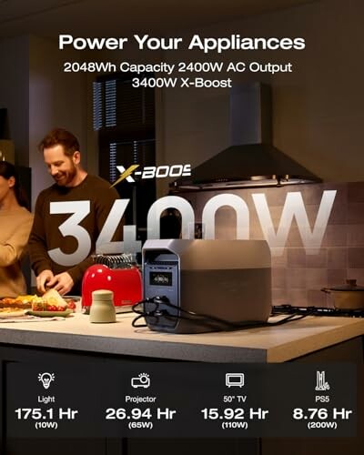 Portable power station in kitchen powering appliances with 3400W output.