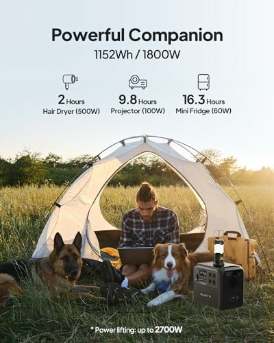 Camping scene with a person and dogs outside a tent using a portable power station.