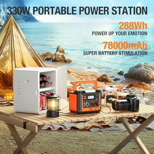 Portable power station on a table with camping gear by a lake.