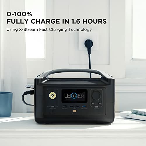 Portable power station with fast charging technology on a table.