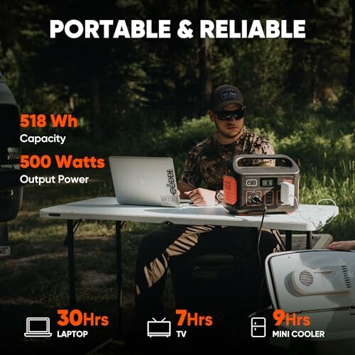 Man using portable power station with laptop and mini cooler outdoors.