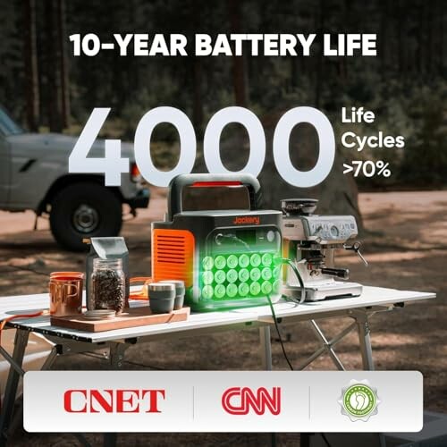 Portable power station on a table outdoors with coffee maker and accessories, highlighting 10-year battery life and 4000 life cycles.