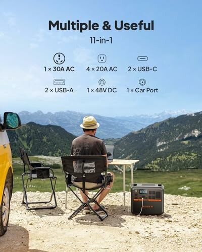 Person using a portable power station outdoors with mountains in the background.