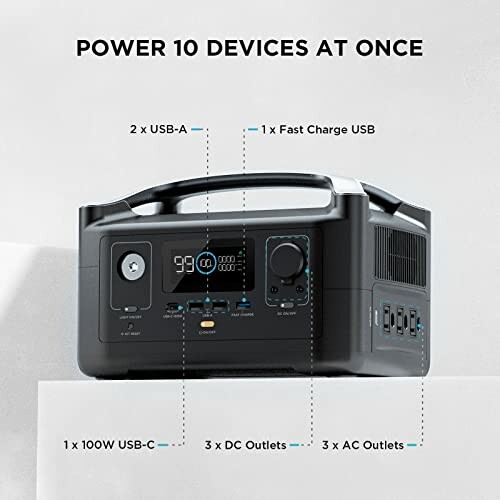 Portable power station with multiple charging ports.