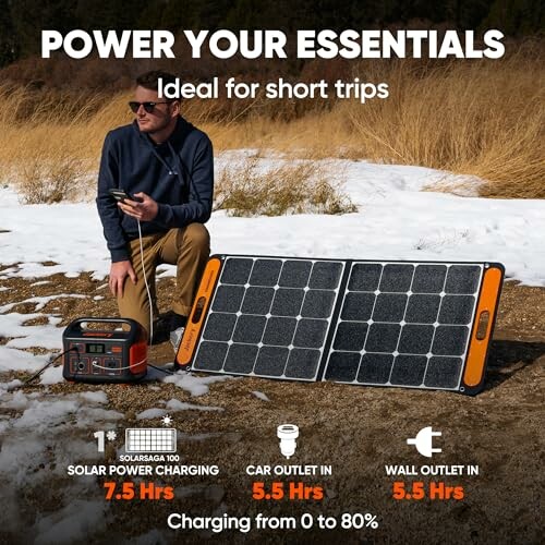 Man using portable solar generator with panels outdoors.