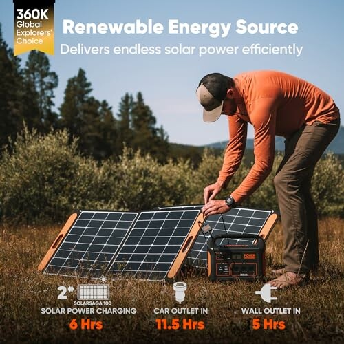 Person setting up solar panels in a field with a power station.